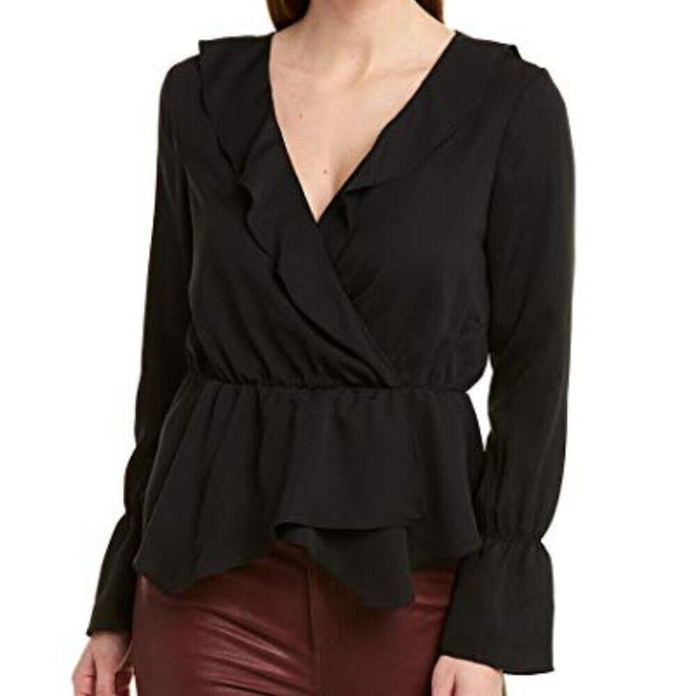 BCBGMAXAZRIA Long Sleeve Surplice Woven Top Black